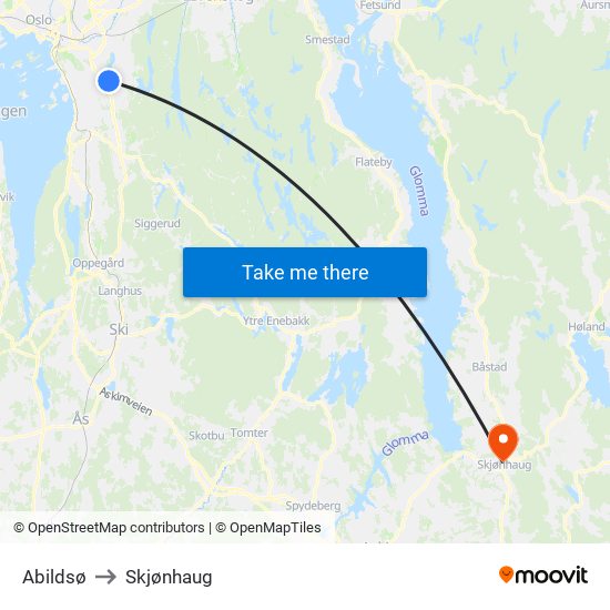 Abildsø to Skjønhaug map