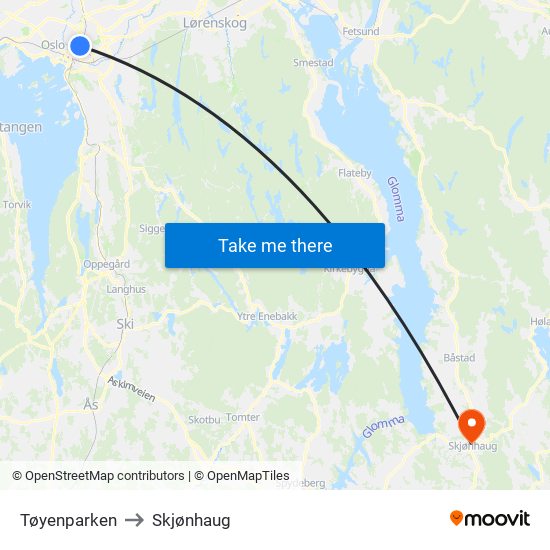 Tøyenparken to Skjønhaug map