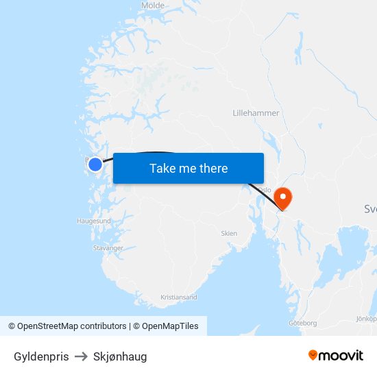 Gyldenpris to Skjønhaug map