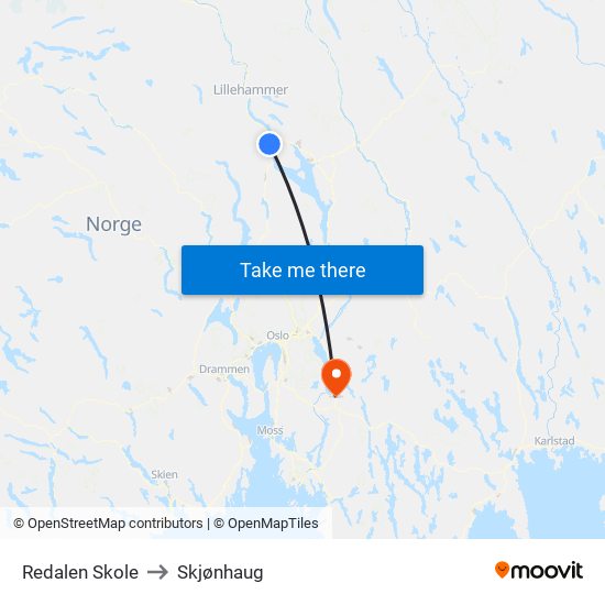 Redalen Skole Snertingdalsvegen to Skjønhaug map