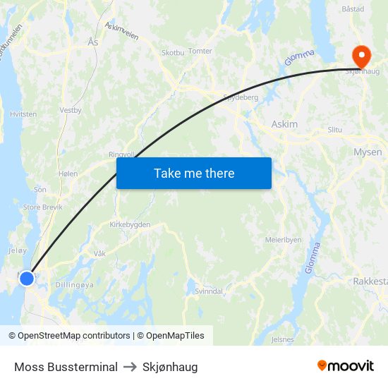 Moss Bussterminal to Skjønhaug map