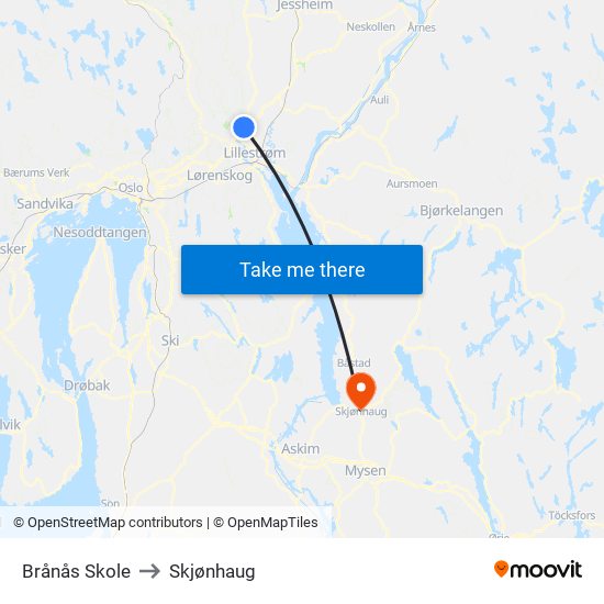 Brånås Skole to Skjønhaug map