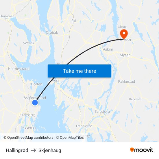 Hallingrød to Skjønhaug map