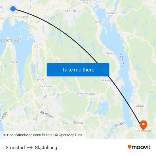 Smestad to Skjønhaug map