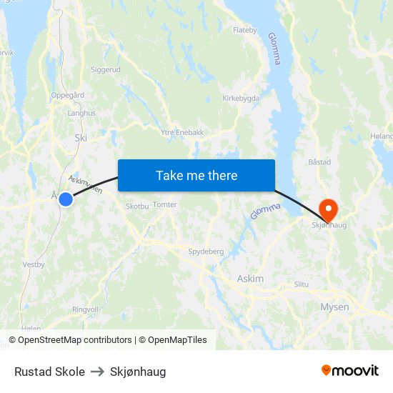 Rustad Skole to Skjønhaug map