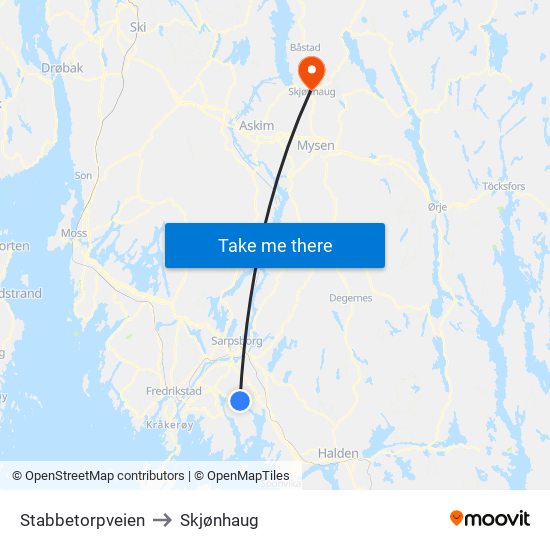 Stabbetorpveien to Skjønhaug map