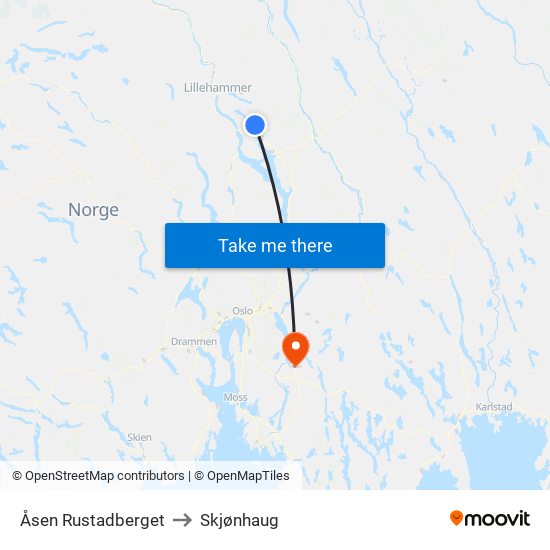 Åsen Rustadberget to Skjønhaug map