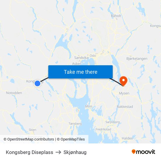 Kongsberg Diseplass to Skjønhaug map