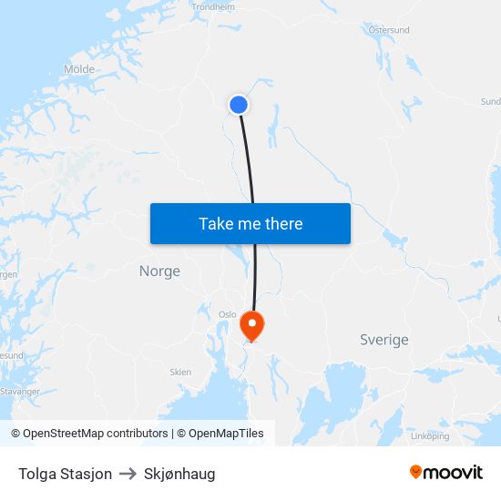 Tolga Stasjon to Skjønhaug map