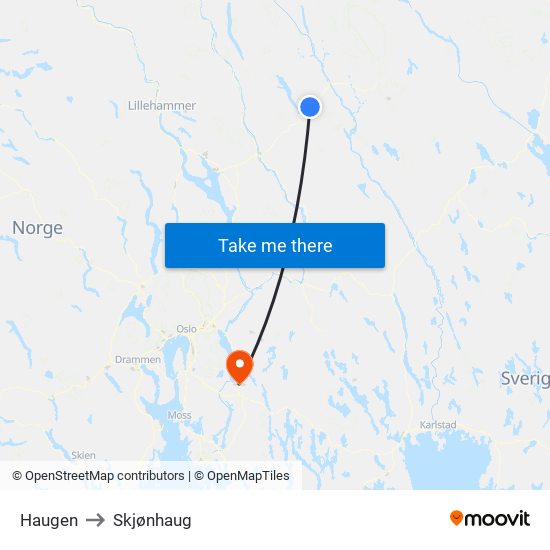 Haugen to Skjønhaug map