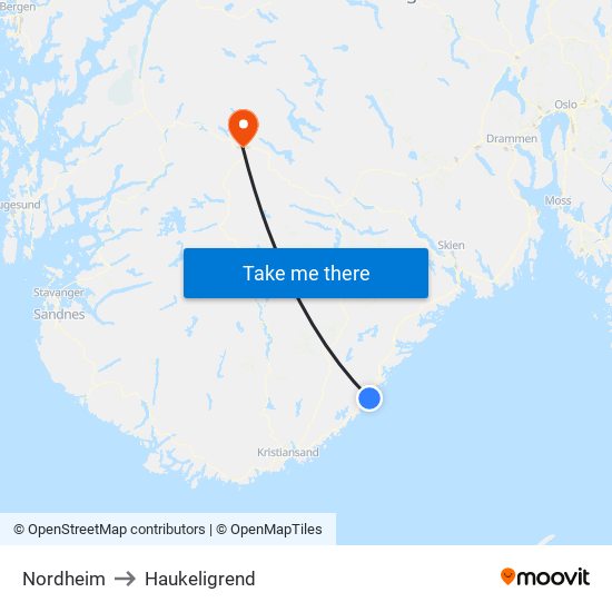 Nordheim to Haukeligrend map