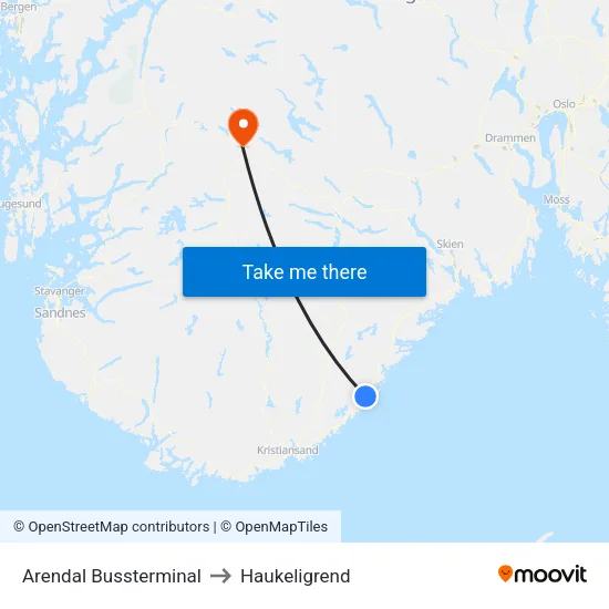 Arendal Bussterminal to Haukeligrend map
