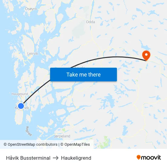 Håvik Bussterminal to Haukeligrend map