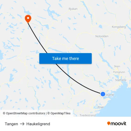 Tangen to Haukeligrend map