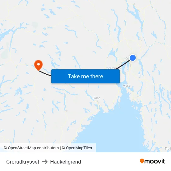Grorudkrysset to Haukeligrend map