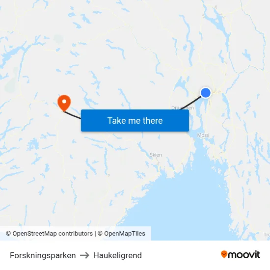 Forskningsparken to Haukeligrend map