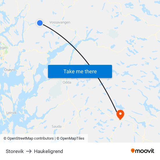 Storevik to Haukeligrend map