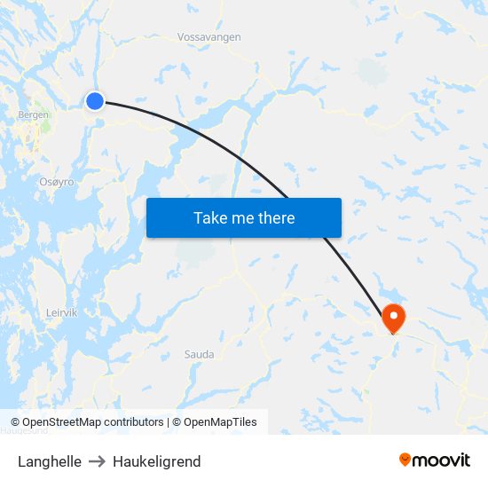 Langhelle to Haukeligrend map