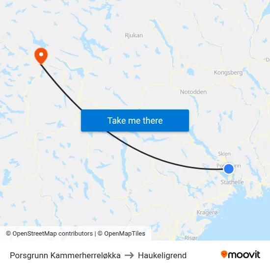 Porsgrunn Kammerherreløkka to Haukeligrend map