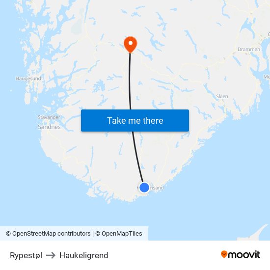 Rypestøl to Haukeligrend map