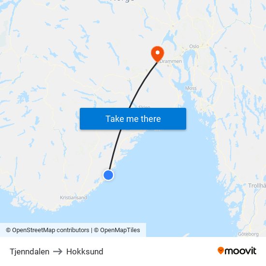 Tjenndalen to Hokksund map
