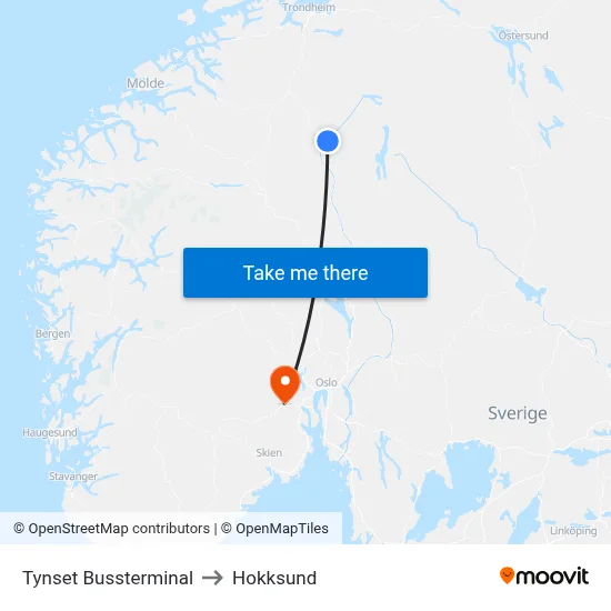 Tynset Bussterminal to Hokksund map