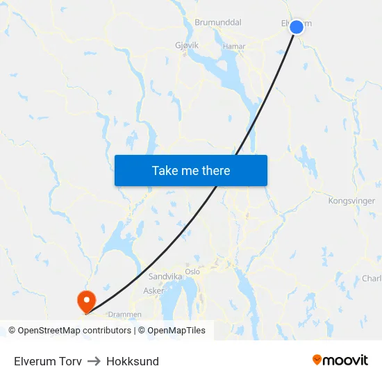 Elverum Torv to Hokksund map