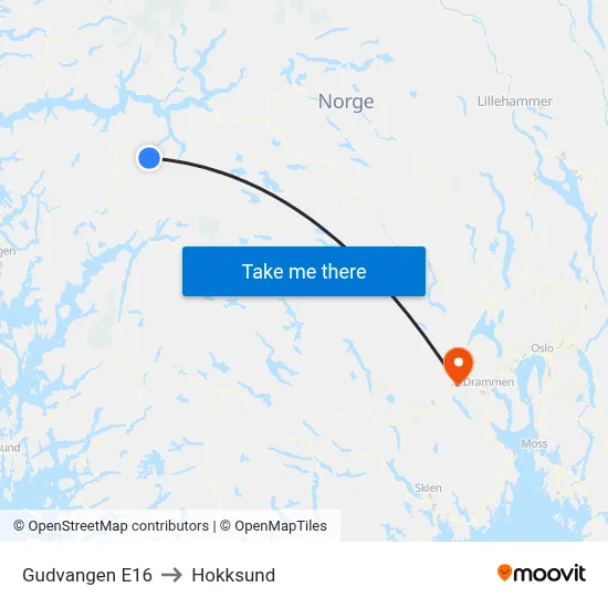 Gudvangen E16 to Hokksund map
