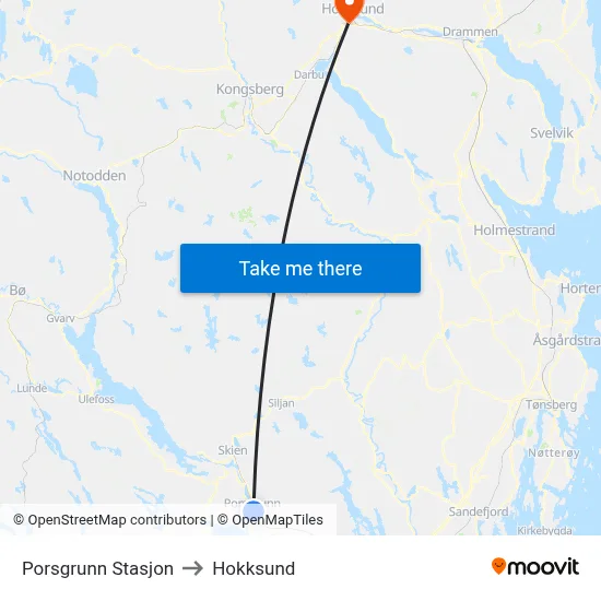 Porsgrunn Stasjon to Hokksund map