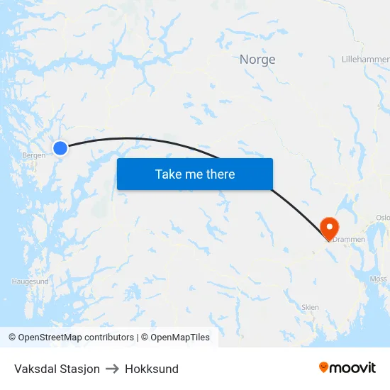 Vaksdal Stasjon to Hokksund map