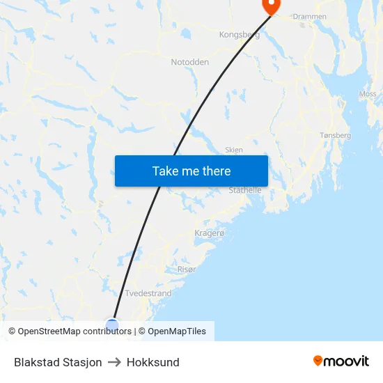 Blakstad Stasjon to Hokksund map