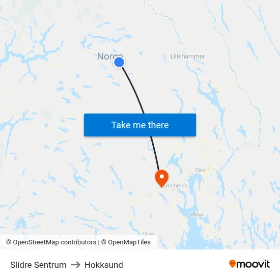 Slidre Sentrum to Hokksund map