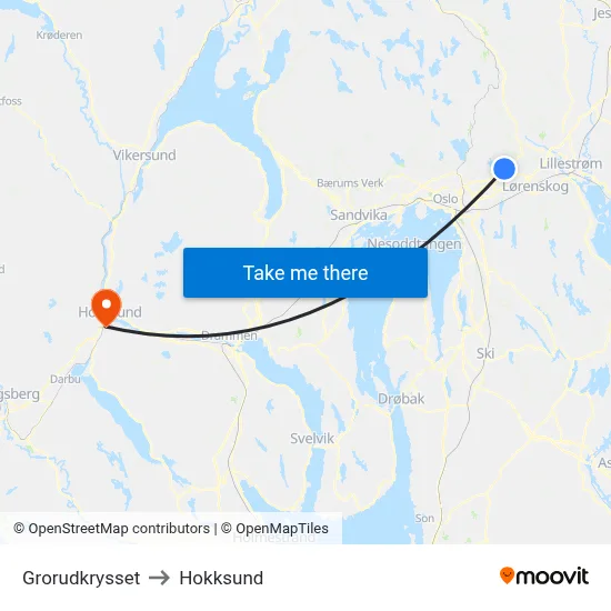 Grorudkrysset to Hokksund map