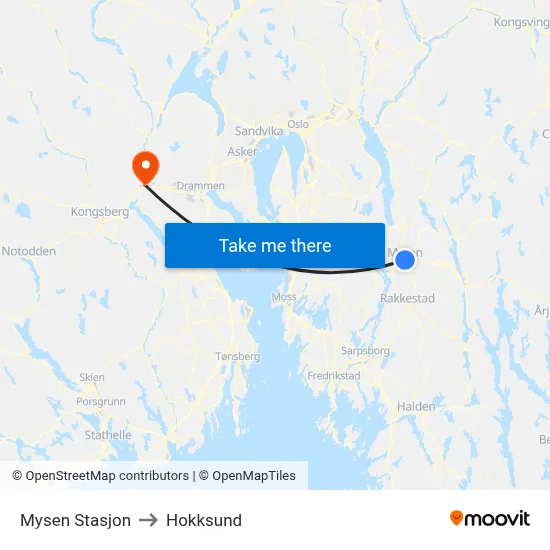 Mysen Stasjon to Hokksund map