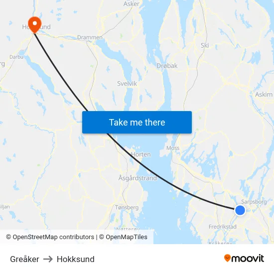 Greåker to Hokksund map