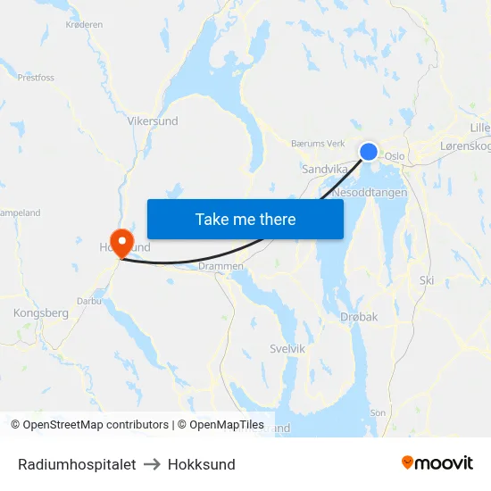 Radiumhospitalet to Hokksund map