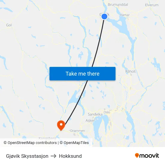 Gjøvik Skysstasjon to Hokksund map