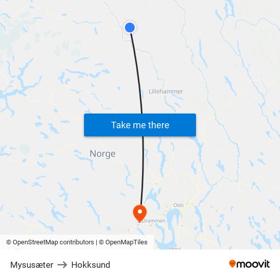 Mysusæter to Hokksund map