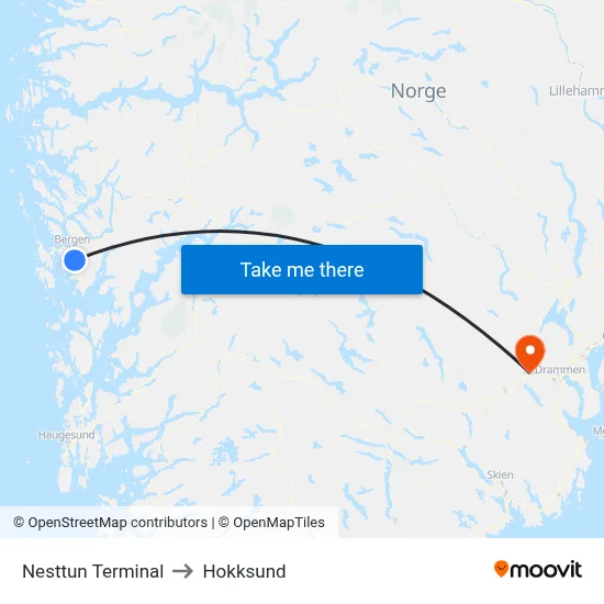Nesttun Terminal to Hokksund map