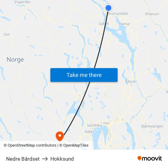 Nedre Bårdset to Hokksund map