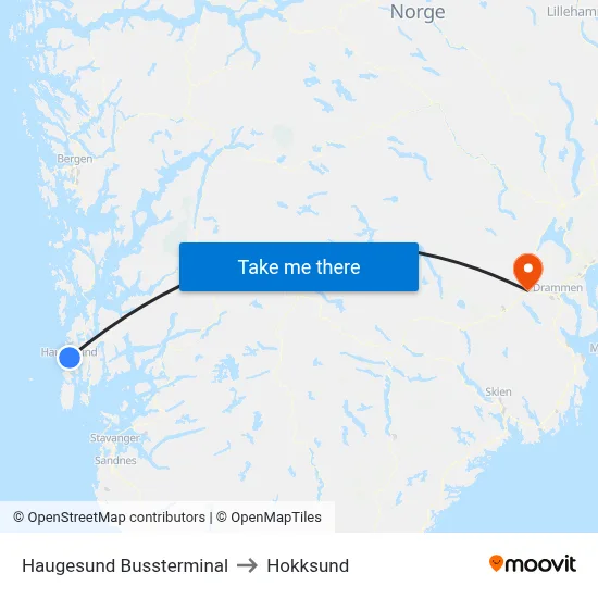 Haugesund Bussterminal to Hokksund map