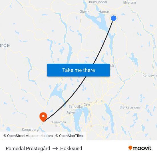 Romedal Prestegård to Hokksund map