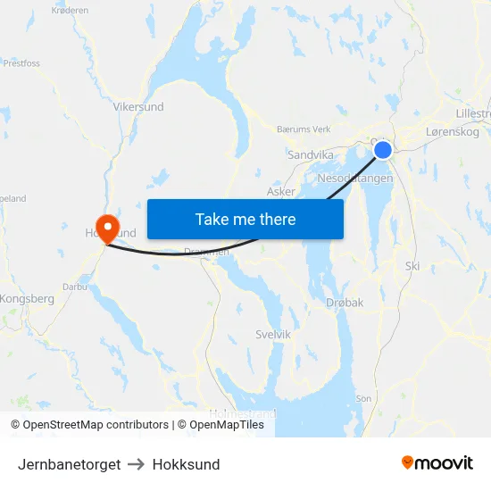 Jernbanetorget to Hokksund map
