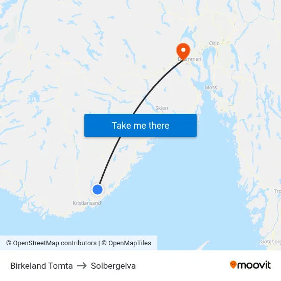 Birkeland Tomta to Solbergelva map