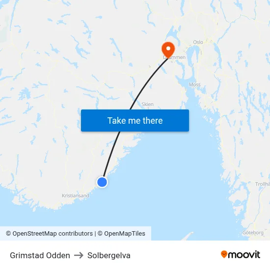 Grimstad Odden to Solbergelva map