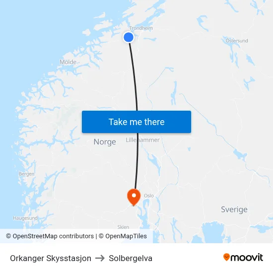 Orkanger Skysstasjon to Solbergelva map