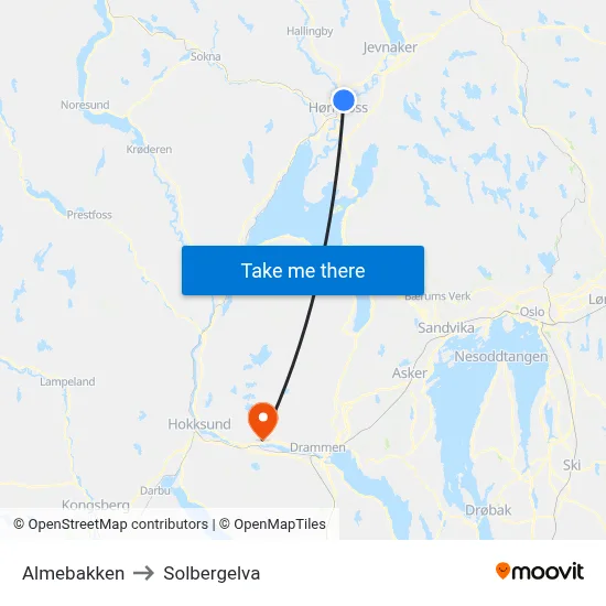 Almebakken to Solbergelva map