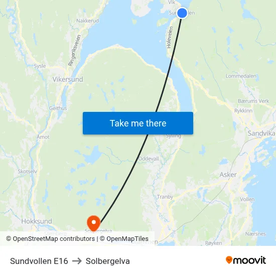 Sundvollen E16 to Solbergelva map