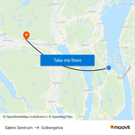 Sætre Sentrum to Solbergelva map