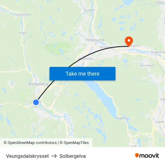 Veungsdalskrysset to Solbergelva map